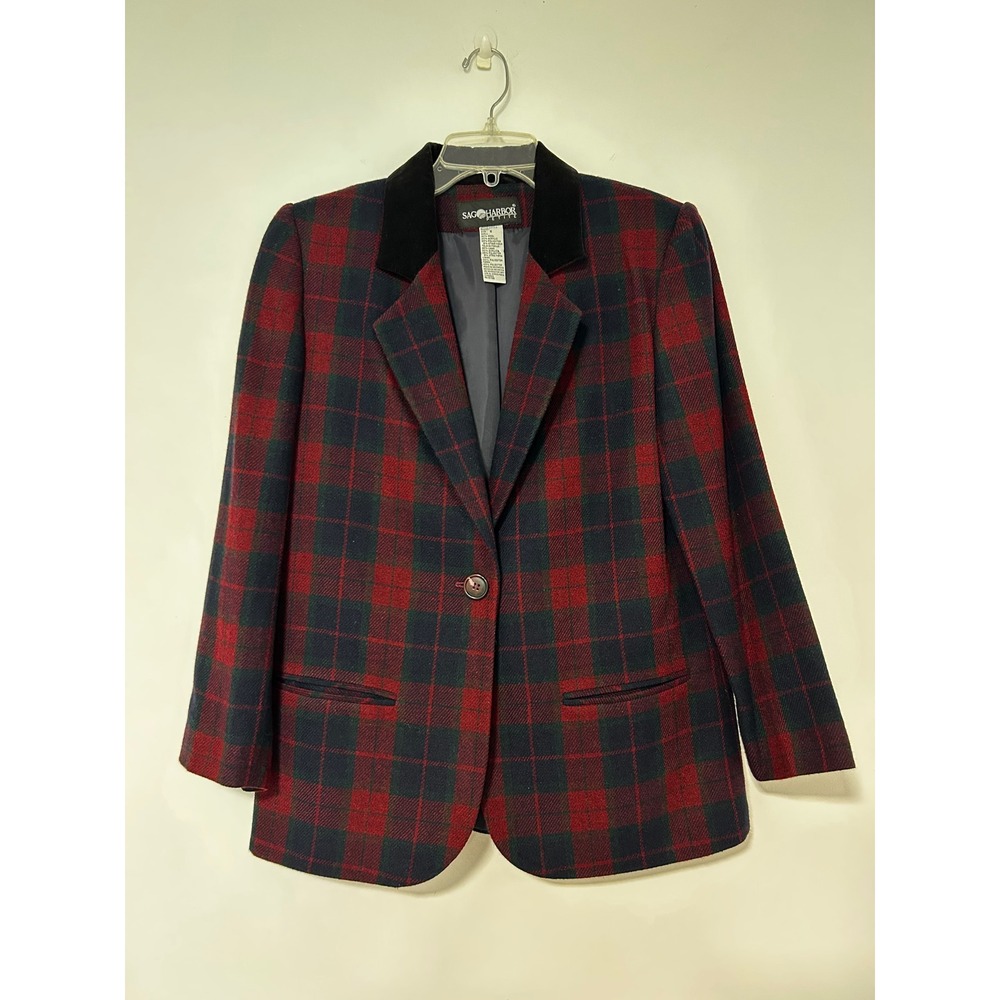 Sag Harbor Petite Red Green Plaid Wool Blend Blazer Velvet Collar Vintage Size 6